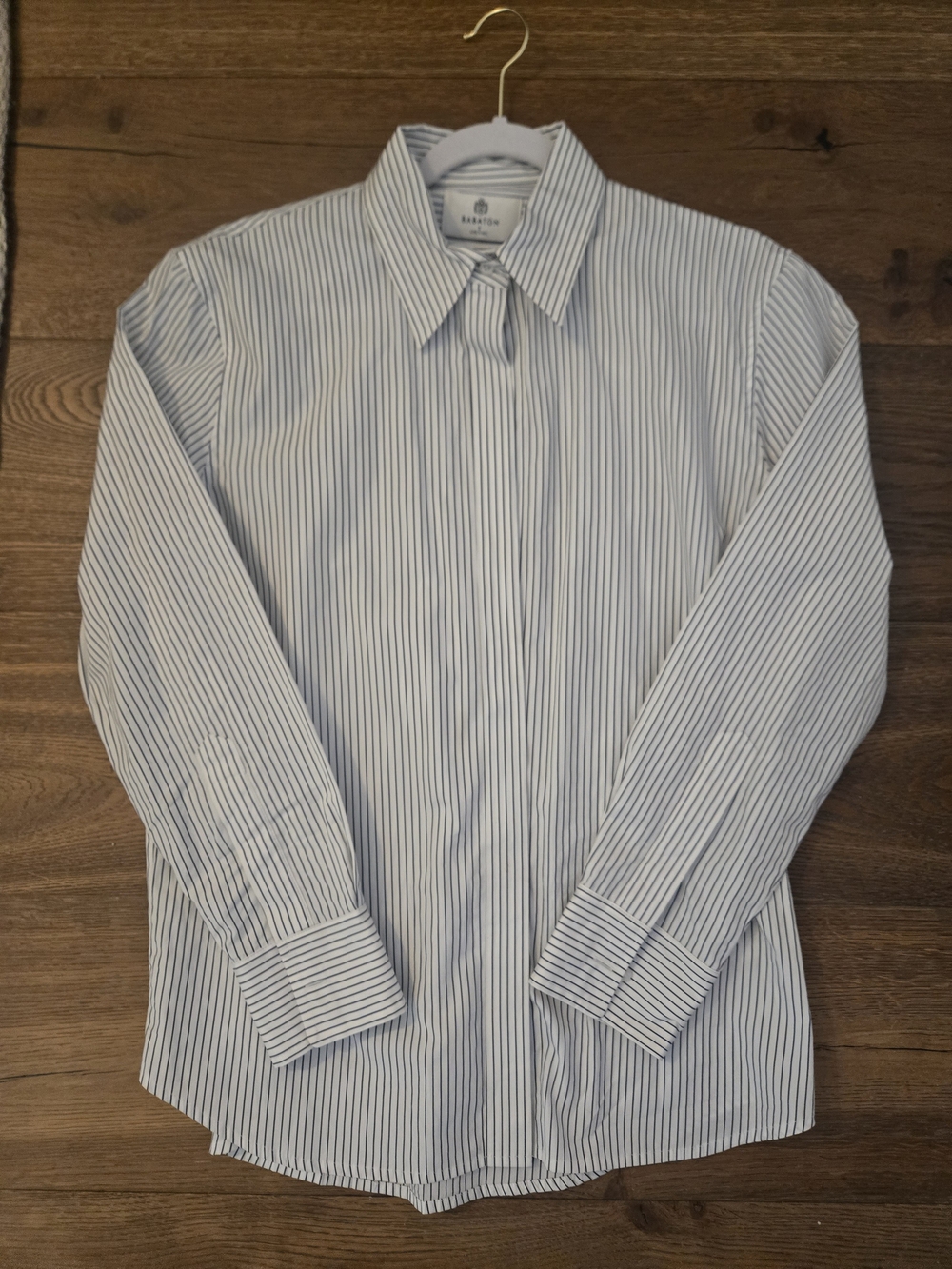 Babaton White Dress Shirt with Blue Pinstripes